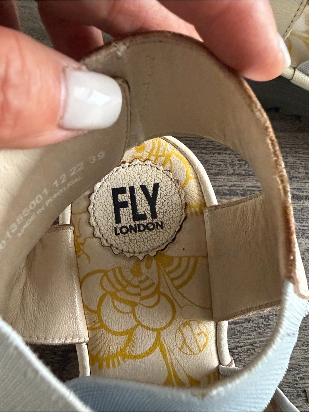 Fly London Cream and Light Blue Crisscross Wedge Sandals - Picture 5 of 11